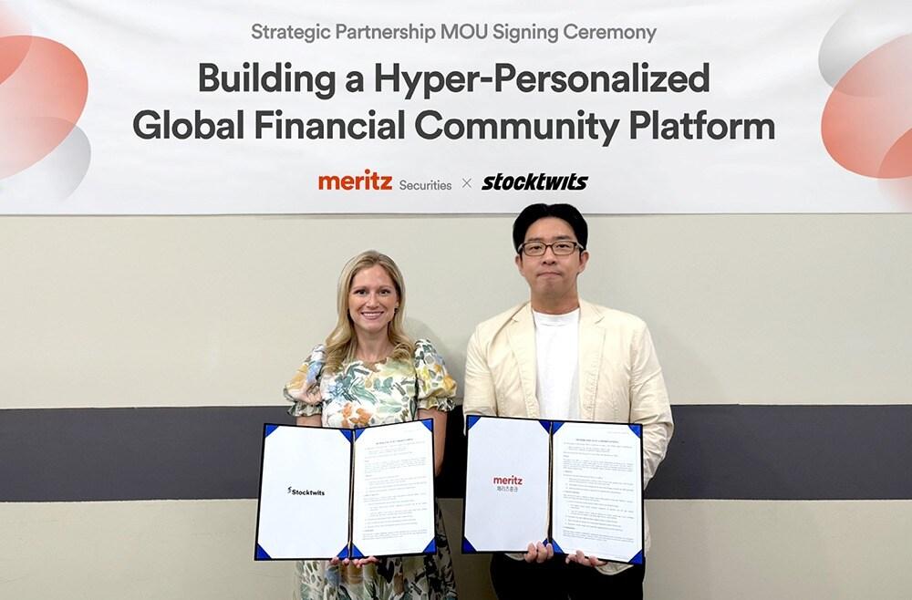 본문 이미지 - 메리츠증권 이노비즈 센터장인 이장욱 전무(오른쪽)와 스톡트윗츠의 안네 마리 지아누초스(Anne Marie Gianutsos) 최고상업책임자(CCO·Chief Commercial Officer)(메리츠증권 제공)