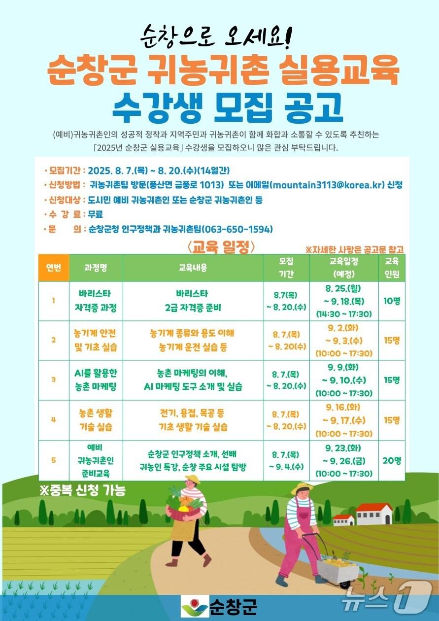 본문 이미지 - 전북 순창군이 실시하는 &#40;예비&#41;귀농·귀촌인 실용교육 안내 홍보 포스터.&#40;순창군 제공. 재판매 및 DB금지&#41;/뉴스1