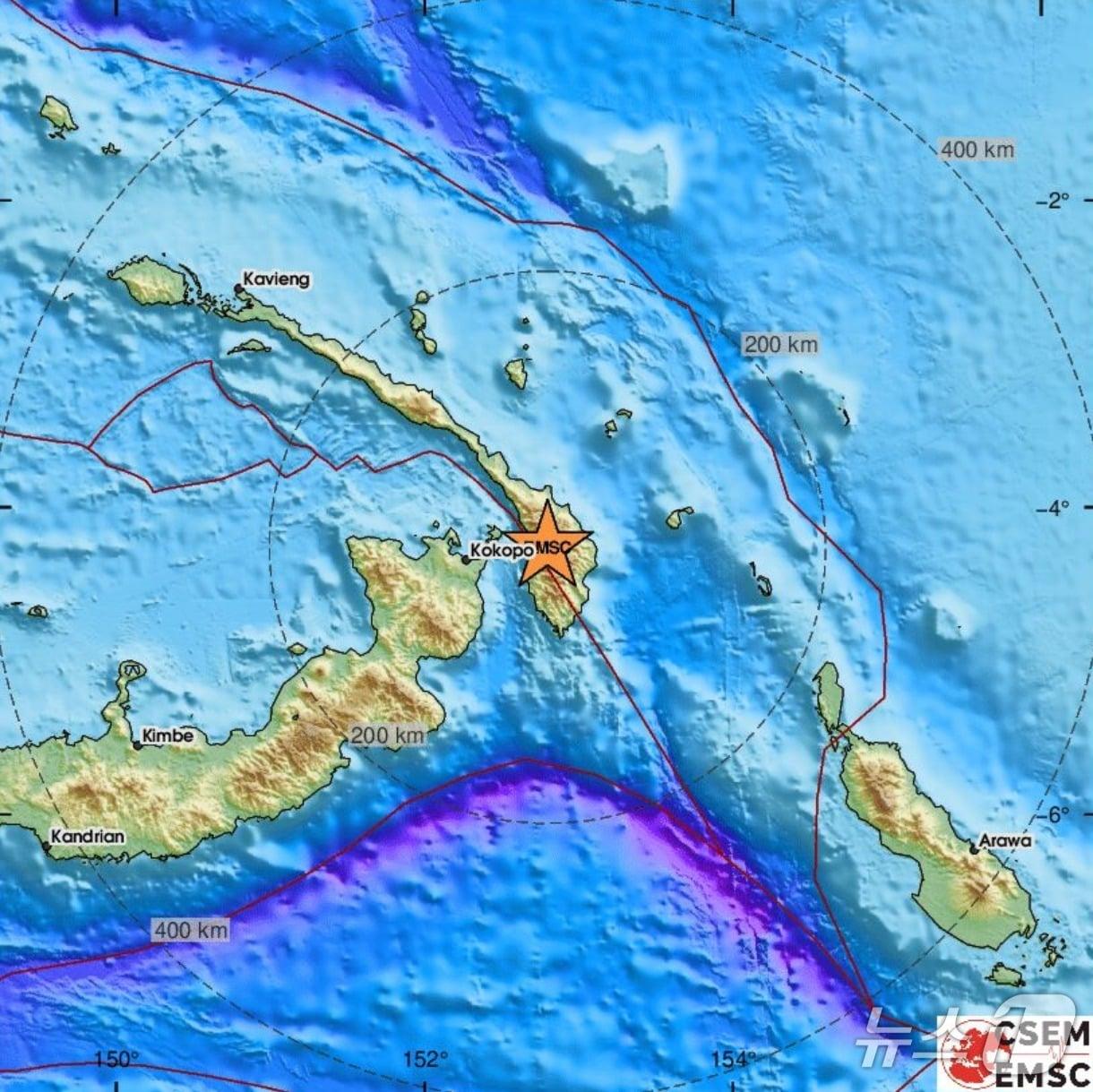 본문 이미지 - 파푸아뉴기니 뉴브리튼 지역에서 7일(현지시간) 규모 5.9의 지진이 발생했다. (출처=유럽-지중해 지진센터) 2025.8.7./뉴스1