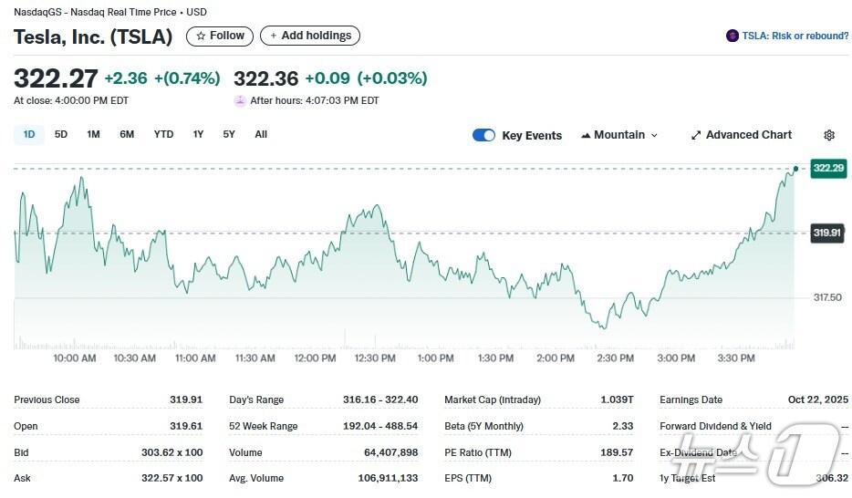 본문 이미지 - 테슬라 일일 주가추이 - 야후 파이낸스 갈무리