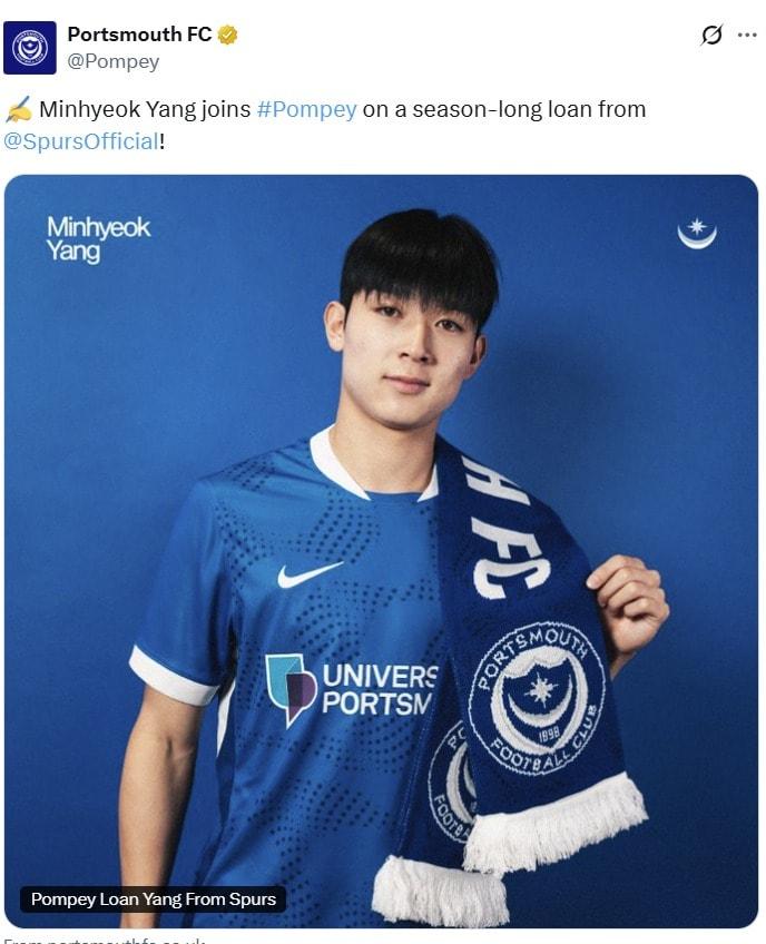 본문 이미지 - 양민혁이 잉글랜드 챔피언십&#40;2부리그&#41; 포츠머스로 임대 이적했다. &#40;포츠머스 SNS 캡처&#41;