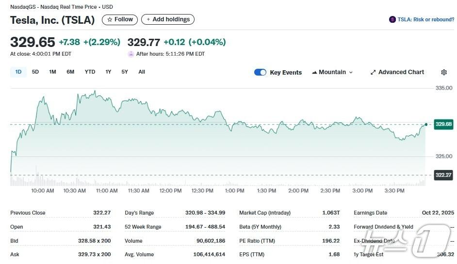 본문 이미지 - 테슬라 일일 주가추이 - 야후 파이낸스 갈무리