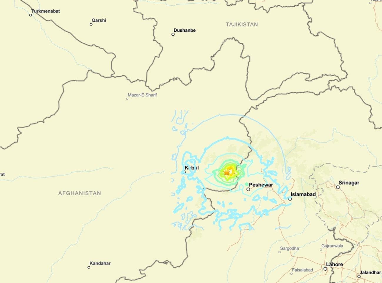 본문 이미지 - 지진이 발생한 아프가니스탄 남동부 지도/ 출처:미국 지질조사국 