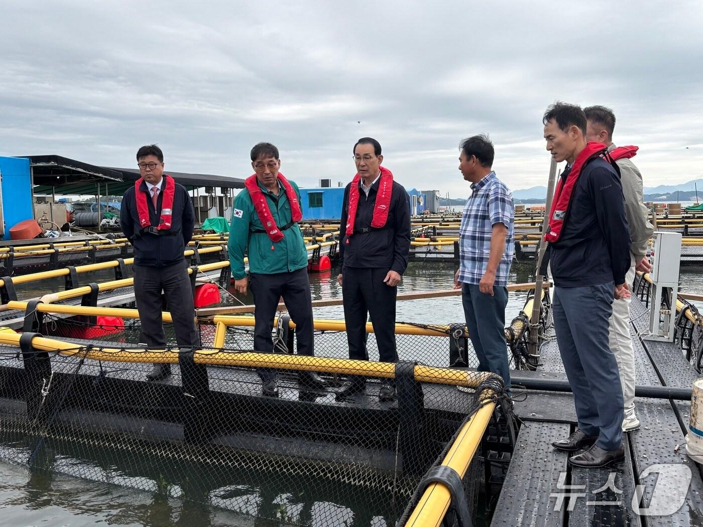 본문 이미지 - 노동진 수협중앙회장(왼쪽 세 번째)이 9일 하동군 양식장을 방문해 적조 피해 상황을 살펴보고 있다.(수협중앙회 제공)