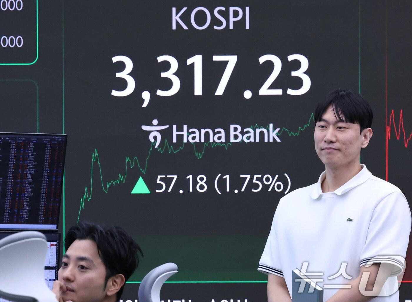 본문 이미지 - 10일 오후 서울 중구 하나은행 딜링룸 전광판에 코스피가 장중 역대 최고점인 3,316.08을 넘어서고 있다. 이날 역대 최고점인 3316.08을 넘어선 것은 지난 2021년 6월 25일 이후 처음이다. ⓒ News1 장수영 기자