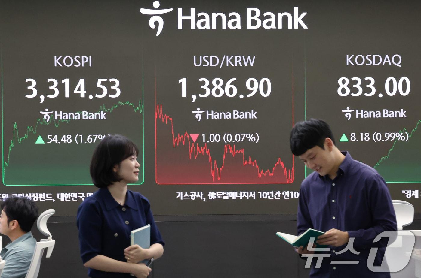 10일 오후 서울 중구 하나은행 딜링룸 전광판에 코스피 종가가 역대 장 마감 기준 최고치인 3,314.53으로 표시되고 있다. 2025.9.10/뉴스1 ⓒ News1 장수영 기자