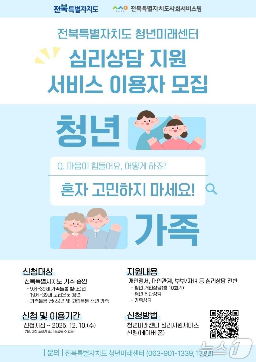 본문 이미지 - 전북 청년미래센터가 운영 중인 심리상담지원 서비스 사업 이용자 모집  포스터.(전북도 청년미래센터 제공. 재판매 및 DB금지)/뉴스1