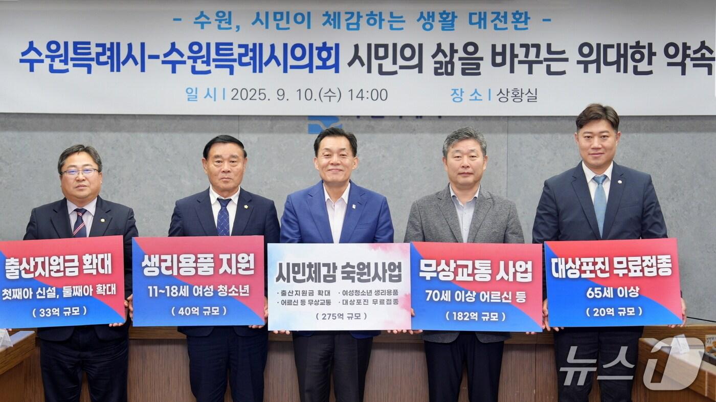 이재준 경기 수원시장&#40;가운데&#41;과 이재식 수원시의회 의장&#40;왼쪽 두 번째&#41; 등이 10일 &#39;시민체감 사업 협력&#39; 공동 선언을 한 후 기념촬영을 하고 있다. &#40;수원시 제공. 재판매 및 DB 금지&#41; 2025.9.10/뉴스1