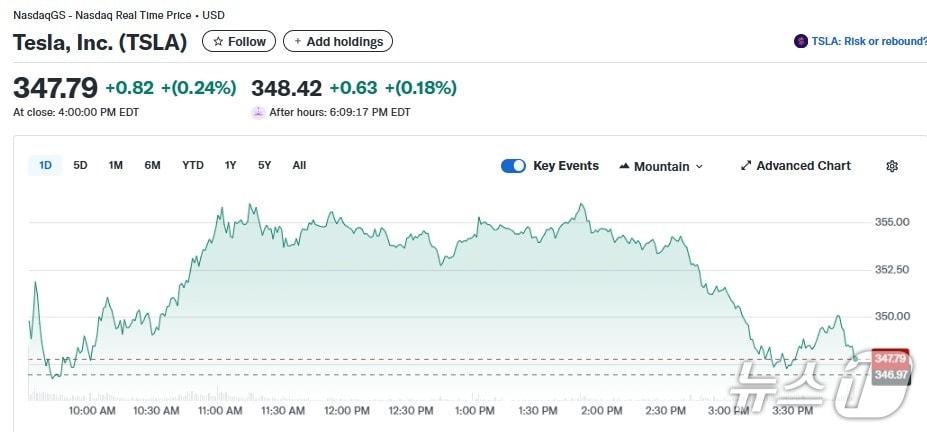 본문 이미지 - 테슬라 일일 주가추이 - 야후 파이낸스 갈무리