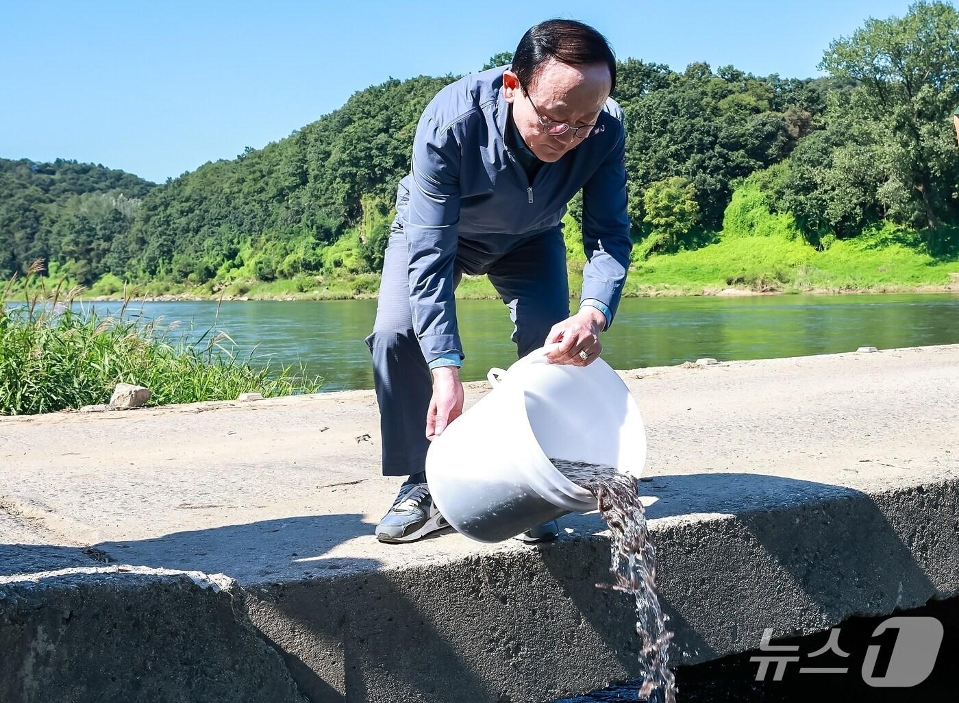 본문 이미지 - 11일 김덕현 연천군수가 한탄강 수역에서 대농갱이 치어를 방류하고 있다. &#40;연천군 제공, 재판매 및 DB금지&#41;