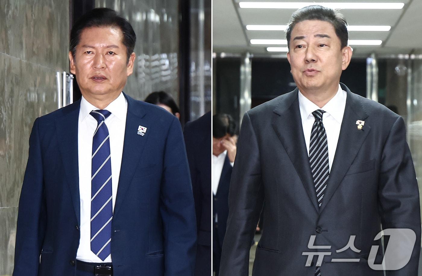 더불어민주당 정청래 대표&#40;왼쪽&#41;와 김병기 원내대표가 지난 11일 서울 여의도 국회에서 각각 비공개 의원총회에 참석하고 있다. 2025.9.11/뉴스1 ⓒ News1 김민지 기자