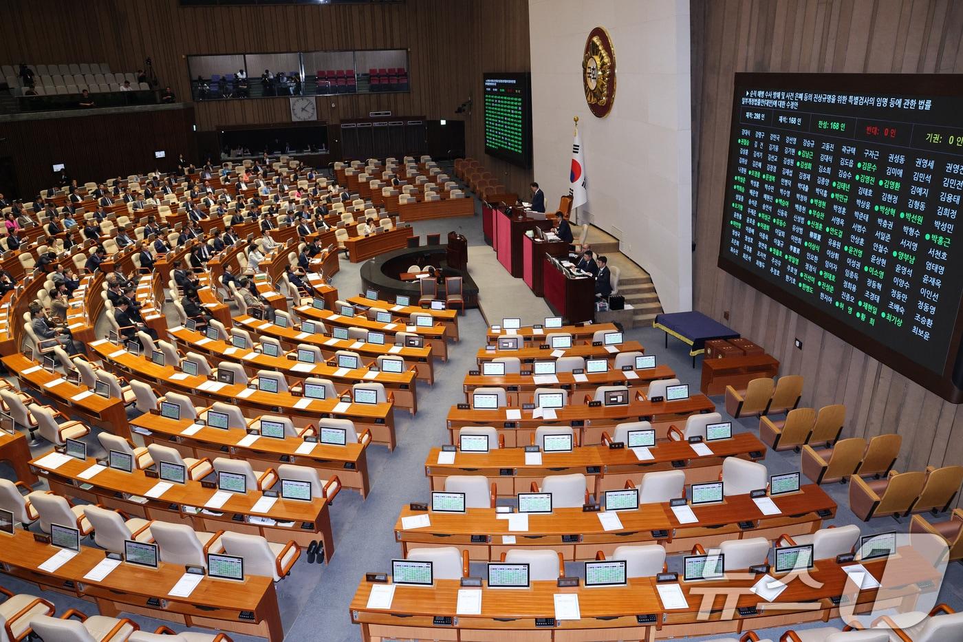 지난 11일 오후 서울 여의도 국회에서 열린 제429회 국회&#40;정기회&#41; 제4차 본회의에서 순직 해병 수사 방해 및 사건 은폐 등의 진상규명을 위한 특별검사의 임명 등에 관한 법률 일부개정법률안&#40;대안&#41; 수정안이 가결되고 있다. 2025.9.11/뉴스1 ⓒ News1 신웅수 기자