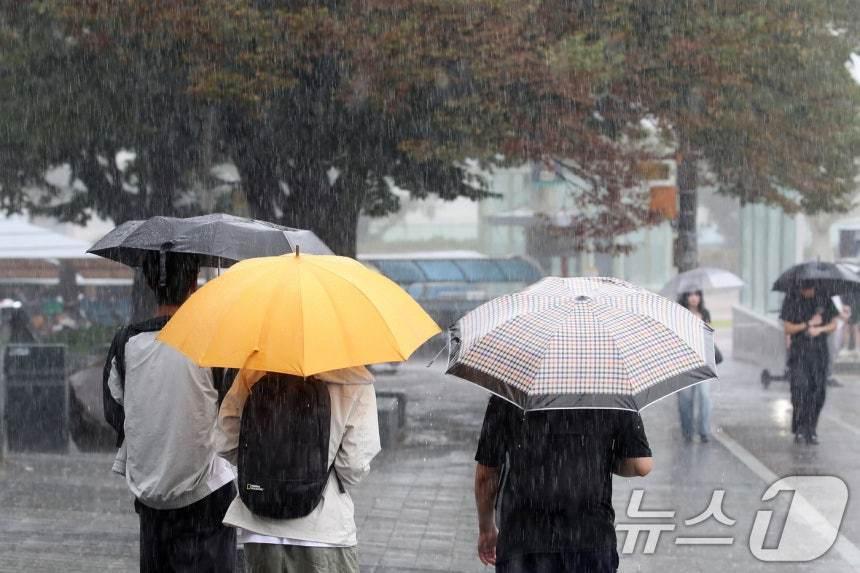 본문 이미지 - 가을비가 요란하게 내리는 9일 오후 경북 경산시 영남대 앞에서 우산을 쓴 학생들이 발걸음을 재촉하고 있다. 2025.9.9/뉴스1 ⓒ News1 공정식 기자