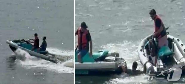 본문 이미지 - 푸에르토리코의 산후안 항구로 들어오던 로열 캐리비안 크루즈에서 뛰어내린 제이 곤잘레스 디아즈가 구조되는 모습. (사진=CBS NEWS)