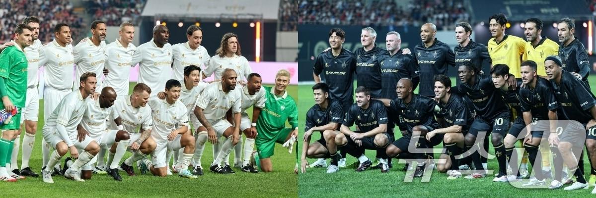 본문 이미지 - 14일 오후 서울 마포구 서울월드컵경기장에서 열린 &#39;2025 아이콘매치&#39; FC 스피어와 쉴드 유나이티드의 경기, FC 쉴드&#40;왼쪽&#41;와 스피어 선수들이 경기 시작에 앞서 기념촬영을 하고 있다. 2025.9.14/뉴스12025.9.15/뉴스1