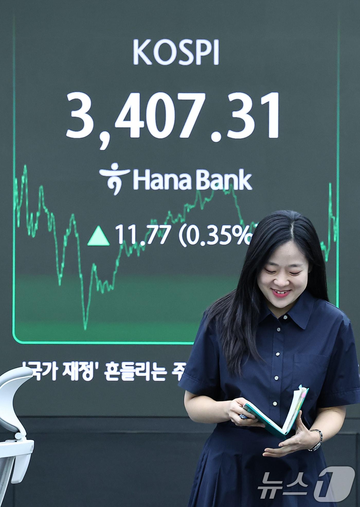 본문 이미지 - 15일 오후 서울 중구 하나은행 딜링룸 전광판에 코스피 종가가 역대 장 마감 기준 최고치인 3407.31으로 표시되고 있다. 이날 코스피는 전 거래일 대비 11.77포인트&#40;0.35%&#41; 상승한 3407.31, 코스닥은 5.61포인트&#40;0.66%&#41; 상승한 852.69으로 장을 마쳤다. 서울외환시장에서 달러·원 환율은 전날보다 0.8원 오른 1389.0원으로 마감했다. 2025.9.15/뉴스1 ⓒ News1 김도우 기자