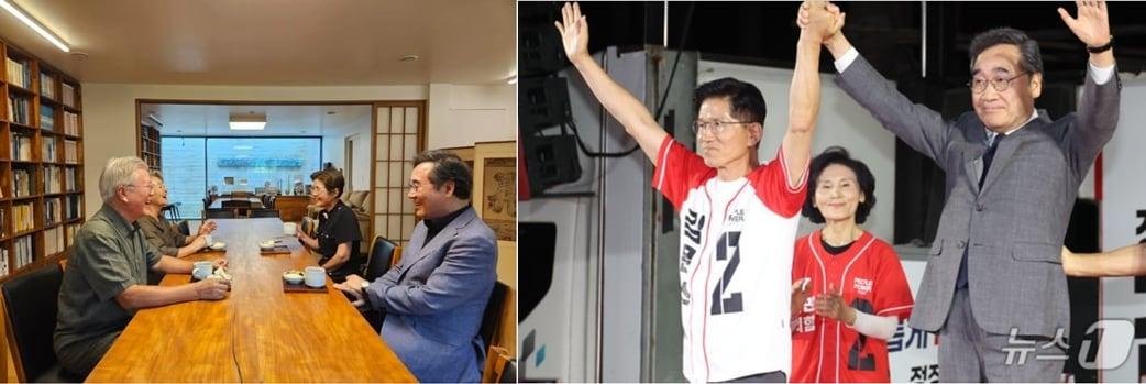 본문 이미지 - 이낙연 전 국무총리는 지난주 경남 양산 문재인 전 대통령 사저를 찾아 환담을 나눈 장면을 자신의 SNS에 소개, 여러 뒷말을 낳았다 . 오른쪽 사진은  제21대 대통령 선거를 하루 앞둔 지난 6월  2일 오후 서울 중구 서울시청 앞 유세에서 김문수 국민의힘 후보 지지를 호소하던  모습. &#40;SNS 갈무리&#41;  2025.6.2/뉴스1 ⓒ News1 이광호 기자