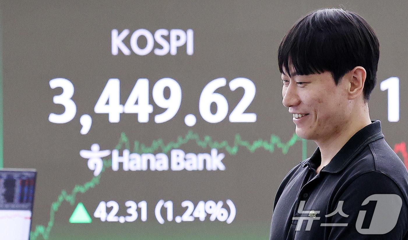 16일 서울 중구 하나은행 딜링룸 전광판에 코스피 종가가 표시되고 있다. 이날 코스피는 11거래일 연속 상승하며 5거래일 째 역대 최고가를 기록했다. 코스피 지수는 1.24% 상승한 3449.62으로 마감했다. 2025.9.16/뉴스1 ⓒ News1 박지혜 기자