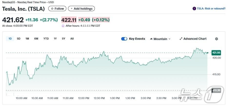 본문 이미지 - 테슬라 일일 주가추이 - 야후 파이낸스 갈무리
