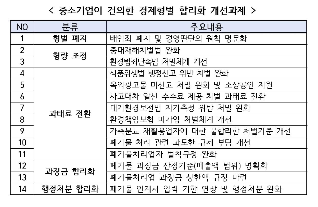 본문 이미지 - 경제형벌 합리화 개선과제 (중소기업중앙회 제공. 재판매 및 DB금지)
