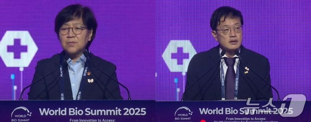 본문 이미지 - 보건복지부와 세계보건기구&#40;WHO&#41;가 17일 오전 서울 신라호텔에서 개최한 &#39;2025 세계 바이오 서밋&#39;의 개회사를 발표한 정은경 복지부 장관&#40;왼쪽&#41;, 축사에 나선 국회 보건복지위원장 박주민 국회의원