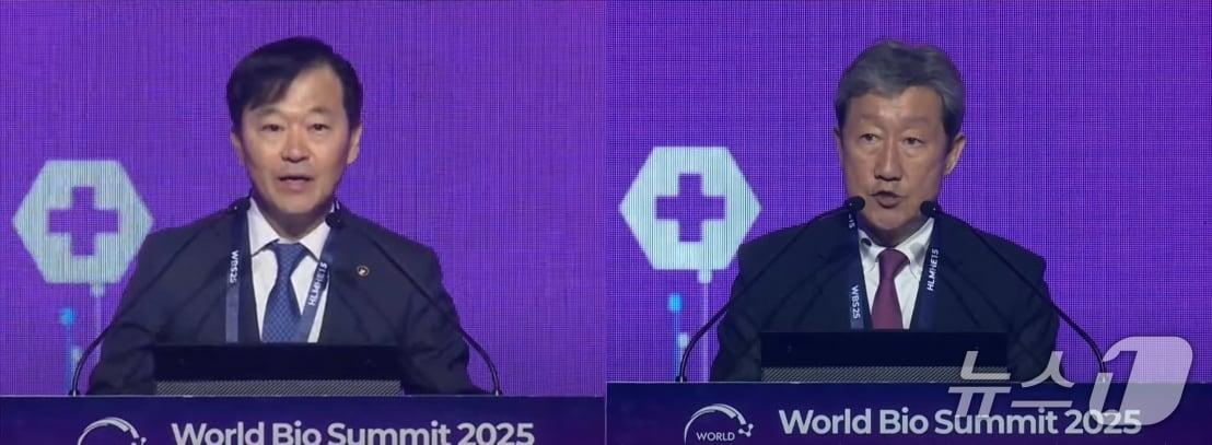 본문 이미지 - 보건복지부는 세계보건기구&#40;WHO&#41;와 함께 신라호텔에서 &#39;2025 세계 바이오 서밋&#39; 행사의 &#39;바이오클러스터: 지역·경계를 넘어선 바이오 생태계 혁신&#39; 세션을 진행했다. 이형훈 복지부 제2차관&#40;왼쪽&#41;, 차순도 한국보건산업진흥원장이 인사말을 하고 있다.