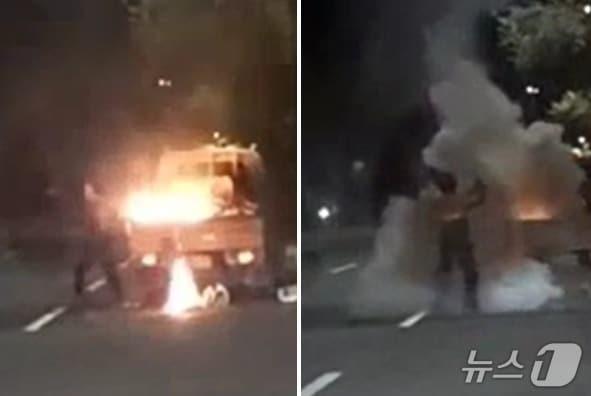 본문 이미지 - 화재가 발생한 차량의 불을 끄는 운전자(왼쪽)와 소화기로 화재를 진화하는 의용소방대원(오른쪽).독자 제공 블랙박스 영상 캡쳐. 재판매 및 DB금지. 2025.9.16