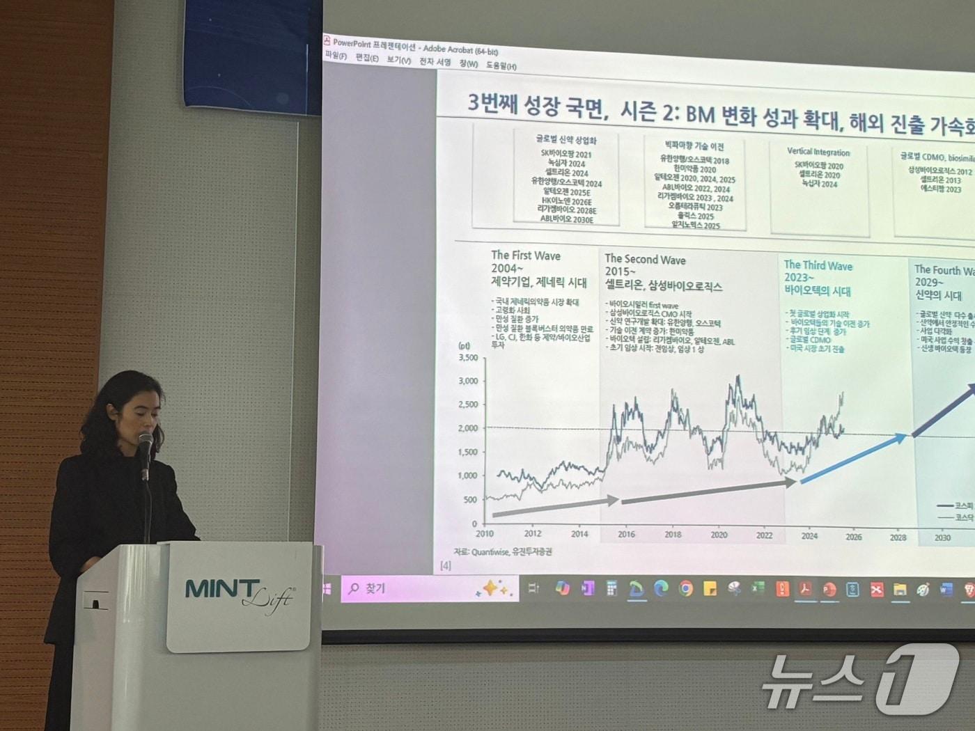 본문 이미지 - 권해순 유진투자증권 이사가 17일 서울 송파구 문정동 한스바이오메드 본사에서 열린 문정 바이오 최고경영자&#40;CEO&#41; 포럼에서 강여나고 있다.&#40;김정은 기자&#41;