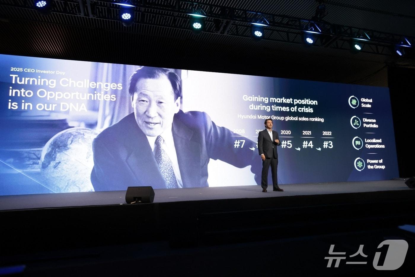  현대차는 18일&#40;현지시간&#41; 미국 뉴욕에서 2025 CEO 인베스터데이를 개최했다. 사진은 발표 중인 호세 무뇨스 현대차 최고경영자&#40;CEO&#41; 모습.&#40;현대차 제공&#41;