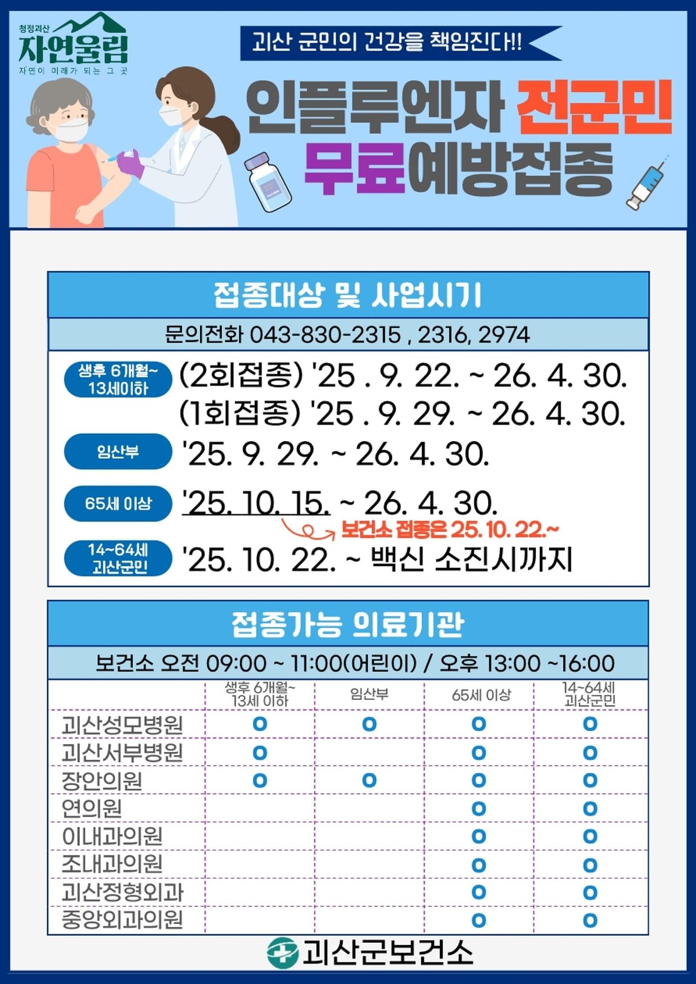 본문 이미지 - 충북 괴산군 전 군민 독감 무료 예방접종 안내문.(괴산군 제공)/뉴스1