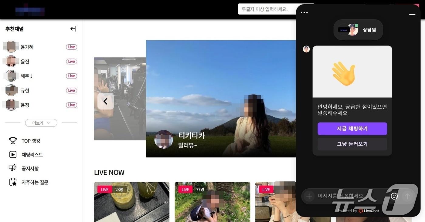 박 씨가 링크를 받았던 인터넷 방송 사이트. 영상을 누르면 회원가입 창과 함께 상담원 채팅창이 뜬다. (사진=해당 인터넷 방송 웹사이트 캡처)