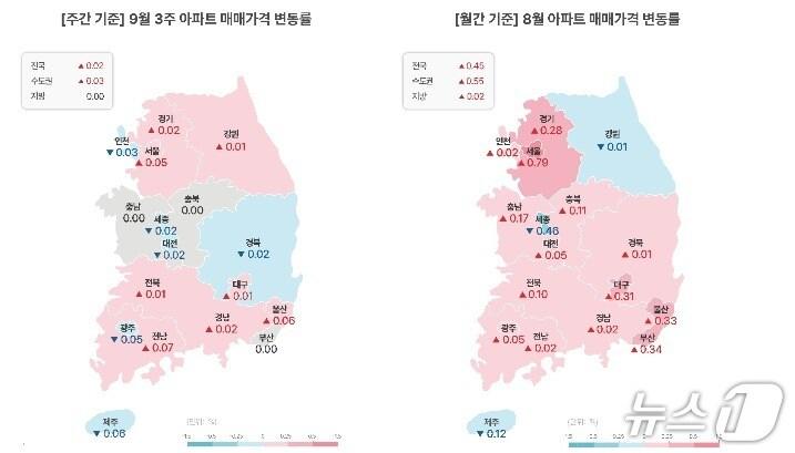본문 이미지 -  9월 셋째 주 전국 아파트 매매가격 변동률(부동산R114 제공)  뉴스1 ⓒ News1