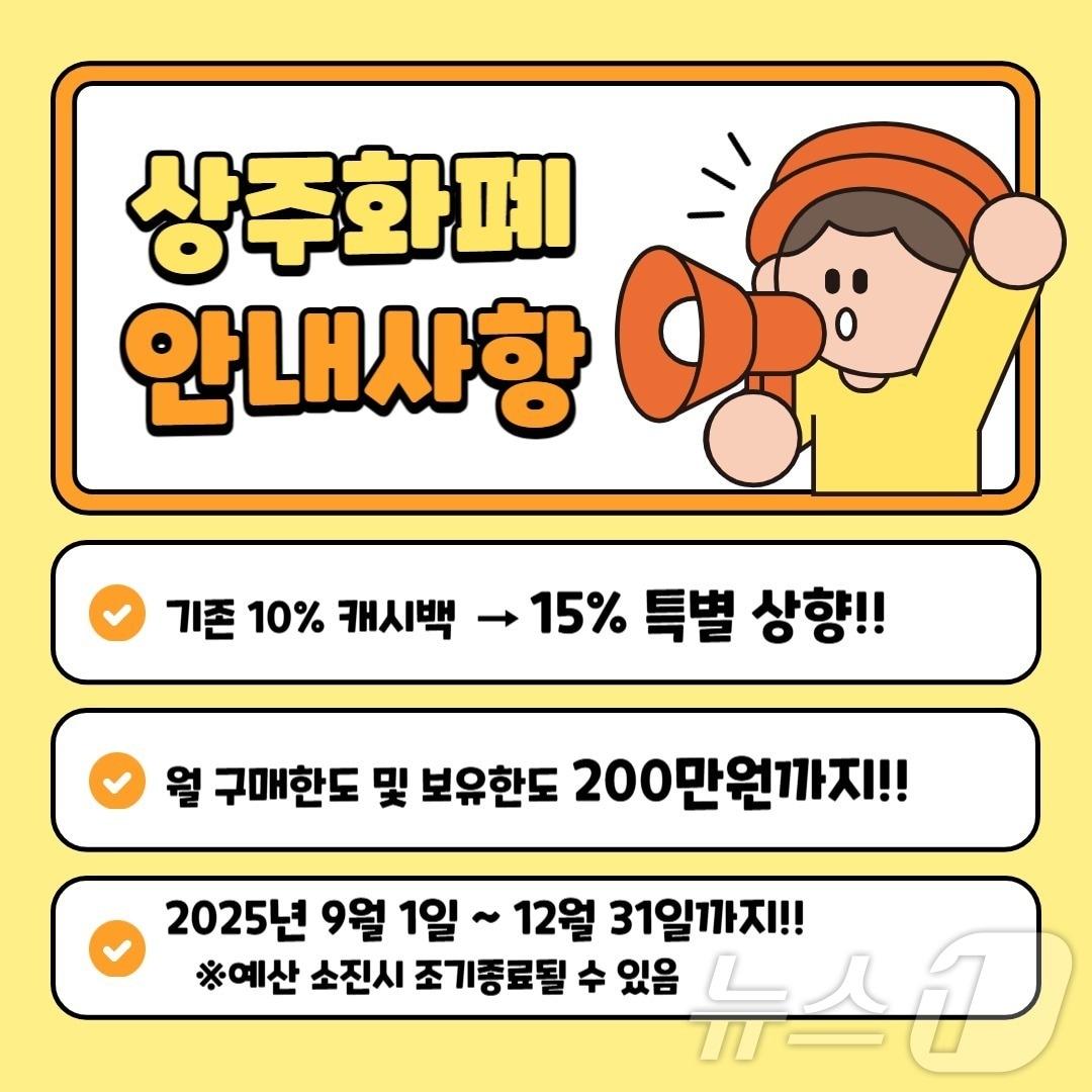 본문 이미지 - 상주시가 올 연말까지 지역화폐인 ‘상주화폐’의 캐시백 지급률을 10%에서 15%로 상향한다.&#40;상주시 제공,재판매 및 DB 금지&#41; /뉴스1