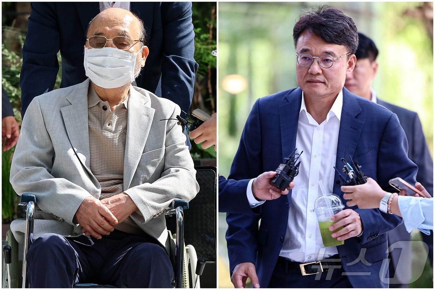 이봉관 서희건설 회장과(왼쪽) 맏사위인 박성근 전 국무총리 비서실장이 2일 서울 종로구 광화문에 마련된 김건희 특검팀 사무실에 조사를 위해 출석하고 있다. 2025.9.2/뉴스1 ⓒ News1 김도우 기자