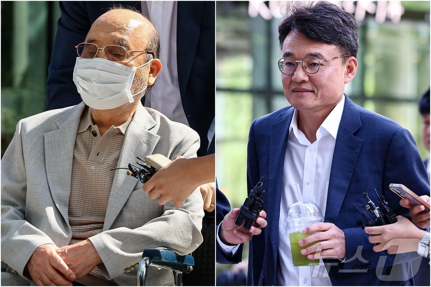 이봉관 서희건설 회장과&#40;왼쪽&#41; 맏사위인 박성근 전 국무총리 비서실장이 지난 2일 서울 종로구 광화문에 마련된 김건희 특검팀 사무실에 조사를 위해 출석하고 있는 모습. 2025.9.2/뉴스1 ⓒ News1 김도우 기자