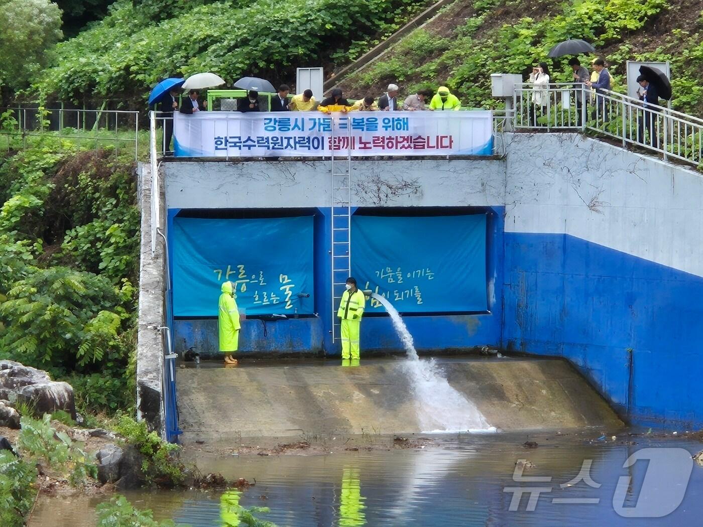 본문 이미지 - 20일 강원 강릉시 성산면 오봉리 한국수력원자력 강릉수력발전소 방류구에서 도암댐 도수관로 저류수가 방류되고 있다. 2025.9.20/뉴스1 ⓒ News1 윤왕근 기자