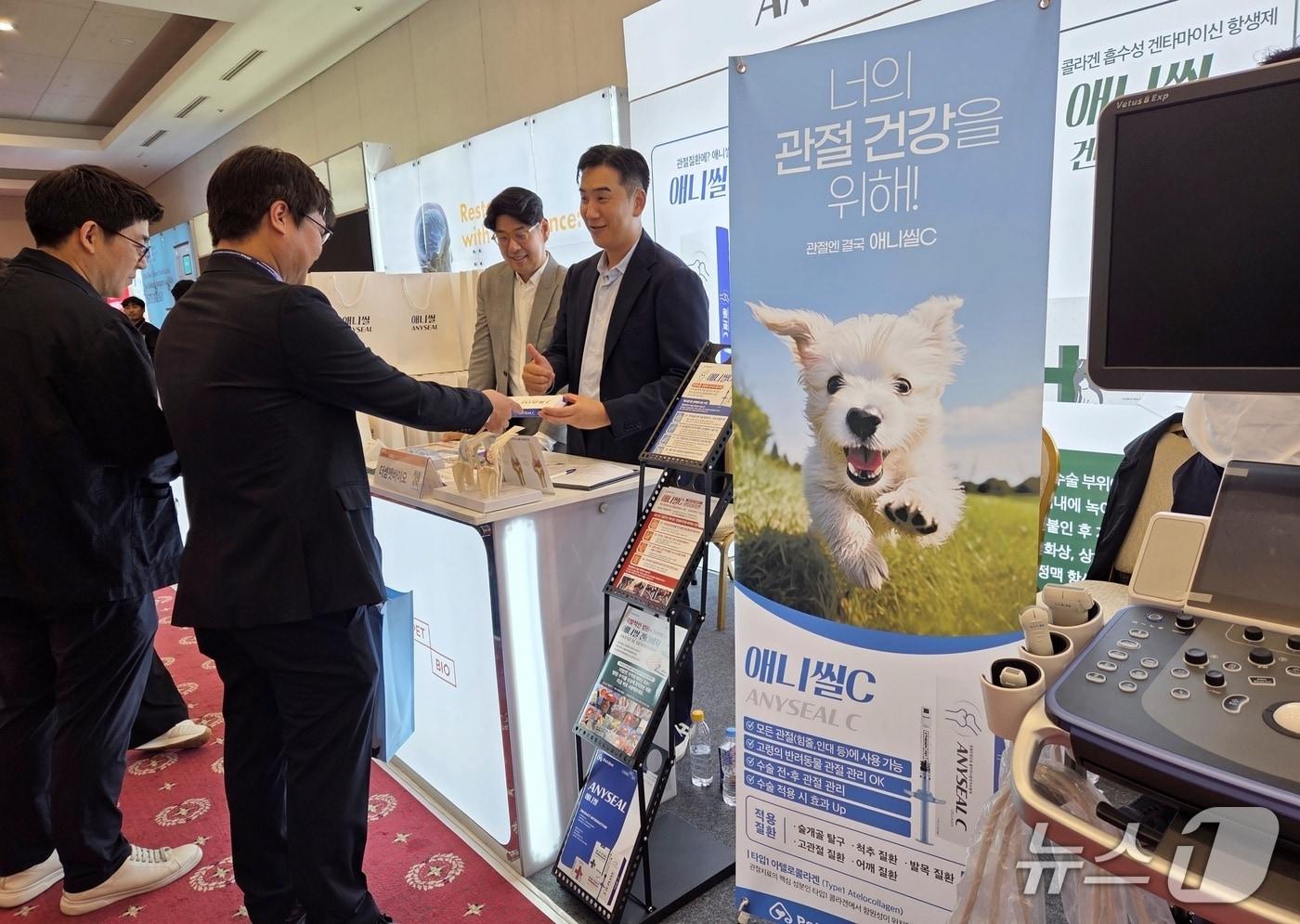 수의사들이 20일 아텔로콜라겐 성분이 든 의료기기를 살펴보고 있다. ⓒ 뉴스1 한송아 기자