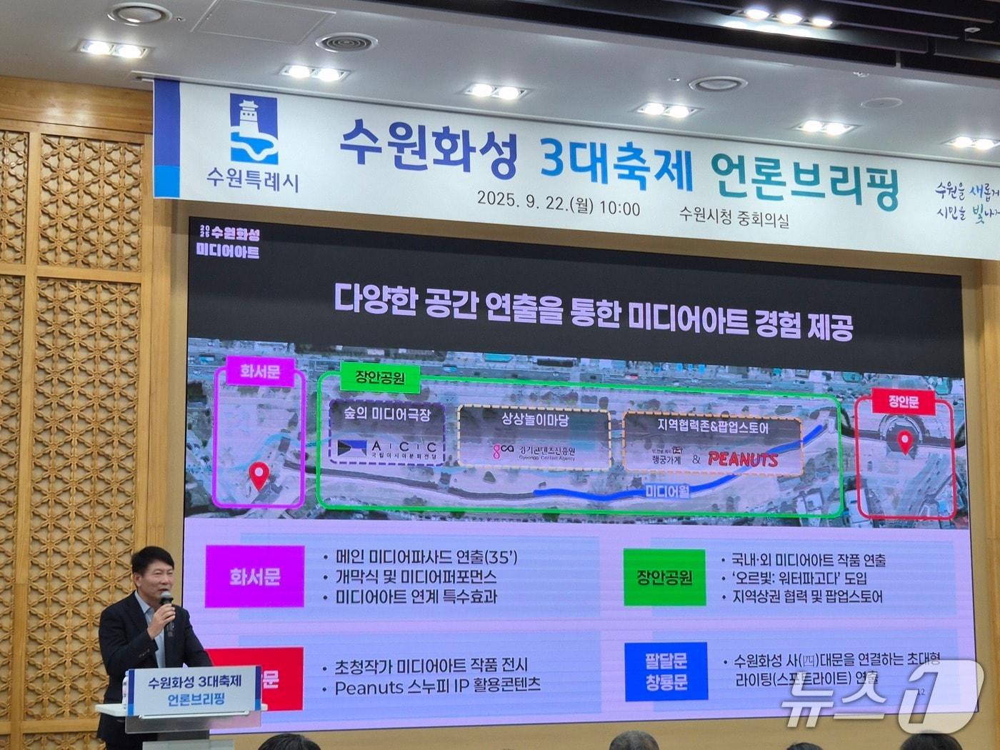 본문 이미지 - 22일 오전 곽도용 경기 수원특례시 문화청년체육국장이 시청 별관 1층 중회의실에서 &#39;수원화성 3대 가을축제 언론브리핑&#39;을 진행하고 있다. 2025.9.22/뉴스1 ⓒ News1 김기현 기자