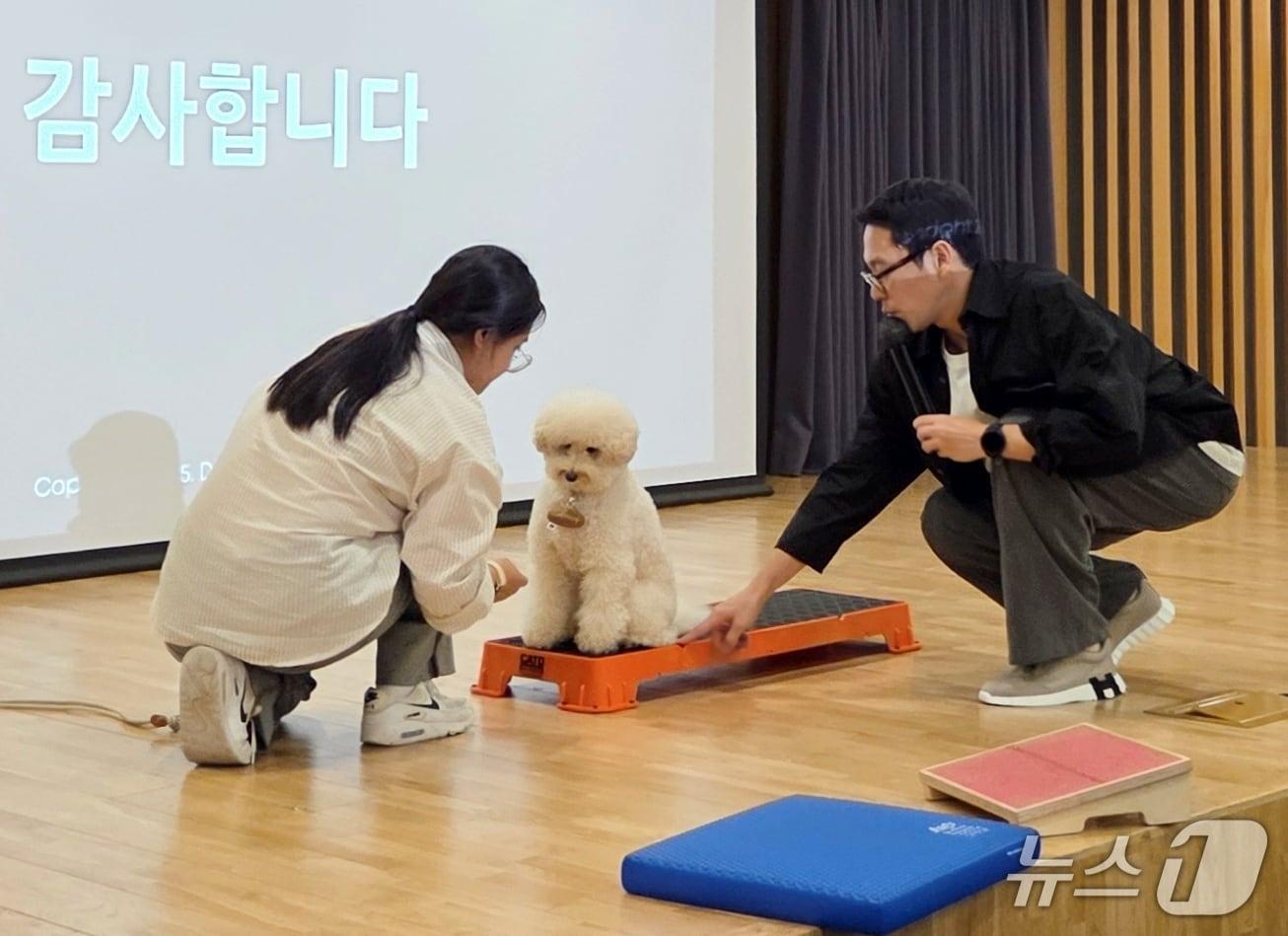 본문 이미지 - 독핏 변우진 코치가 20일 서울 용산 전자랜드에서 반려동물 피트니스 강의를 하고 있다. ⓒ 뉴스1