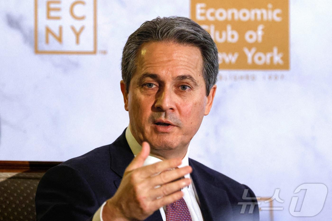 알베르토 무살렘 세인트루이스 연방준비은행 총재가 2월 20일&#40;현지시간&#41; 뉴욕에서 열린 뉴욕경제클럽&#40;Economic Club of New York&#41; 행사에서 연설하고 있다. 2025.02.20. ⓒ 로이터=뉴스1 ⓒ News1 윤다정 기자