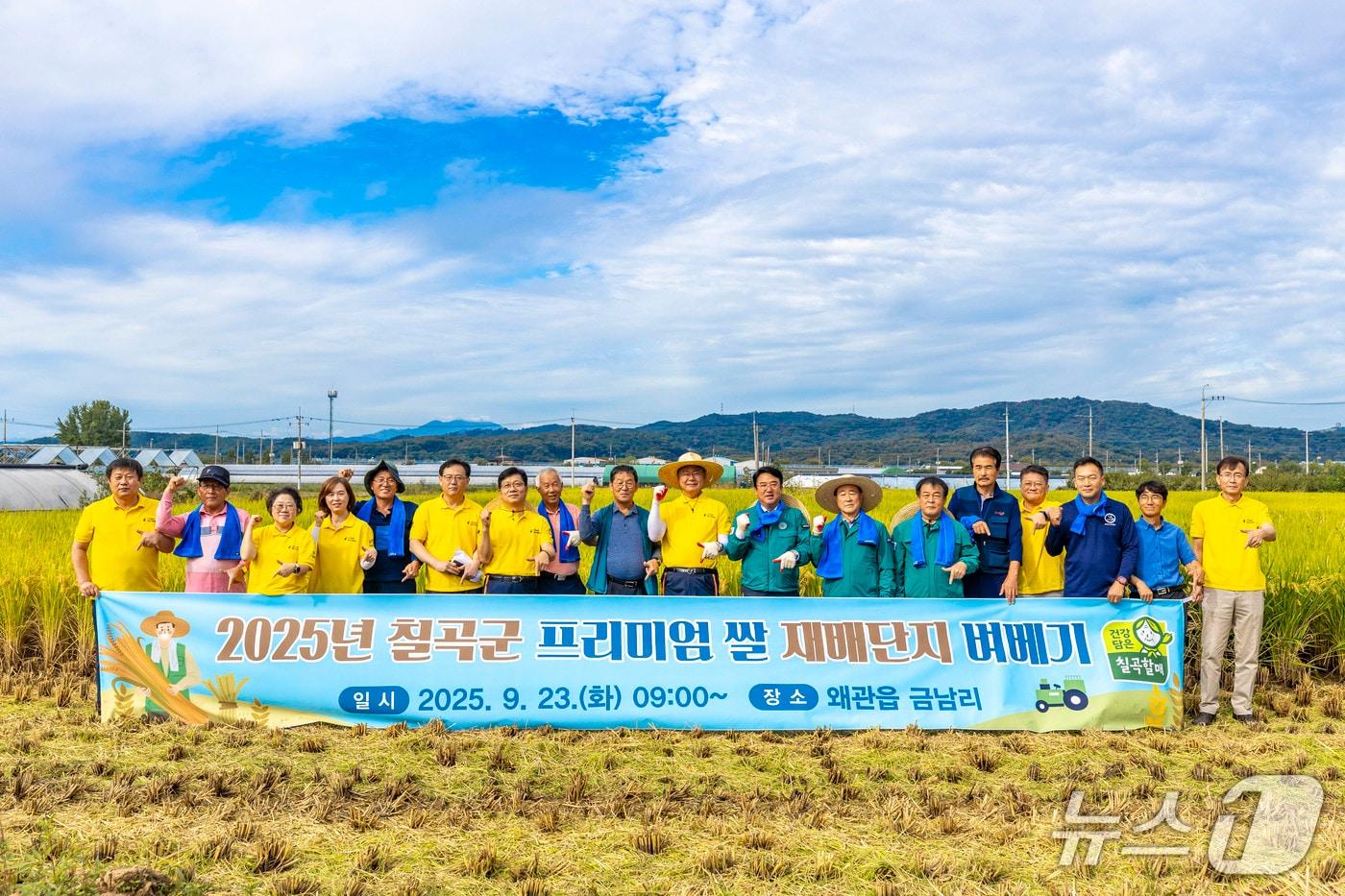 김재욱 칠곡군수와 농민들이 23일 왜관읍 금남리 '프리미엄 쌀 재배단지'에서 벼베기를 가졌다.(칠곡군 제공. 재판매 및 DB금지)/뉴스1