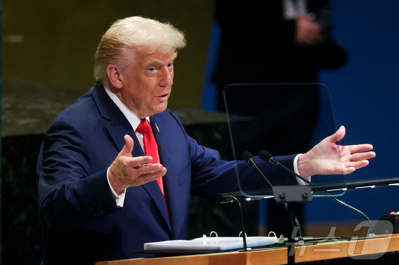 도널드 트럼프 미국 대통령이 23일(현지시간) 미국 뉴욕 유엔 본부에서 열린 제80차 유엔 총회에서 연설하고 있다. 2025.09.23. ⓒ 로이터=뉴스1 ⓒ News1 류정민 특파원