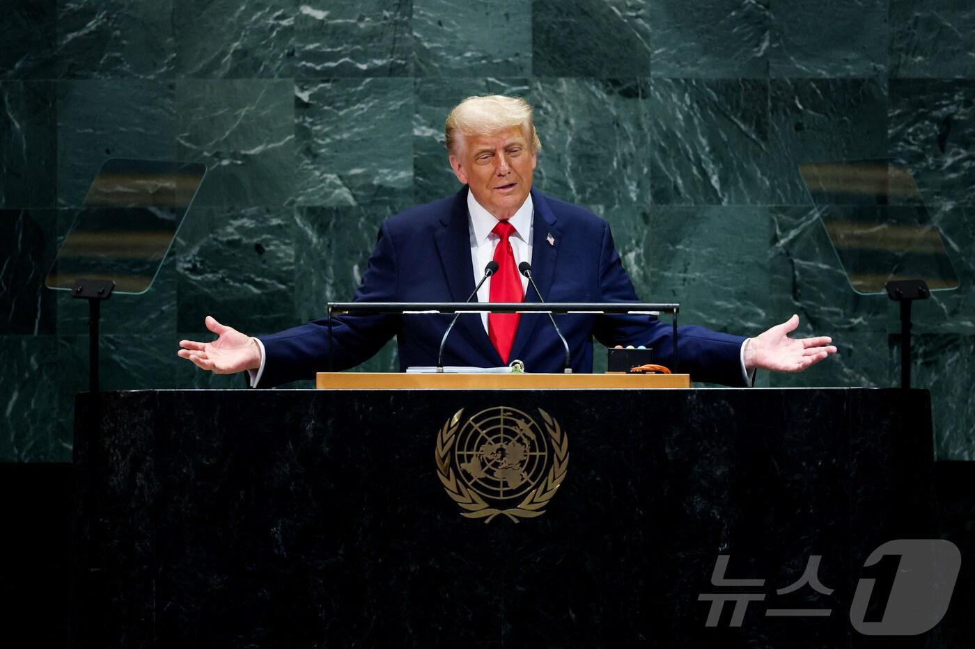 도널드 트럼프 미국 대통령이 23일(현지시간) 미국 뉴욕 유엔 본부에서 열린 제80차 유엔 총회에서 연설하고 있다. 2025.09.23. ⓒ 로이터=뉴스1 ⓒ News1 류정민 특파원