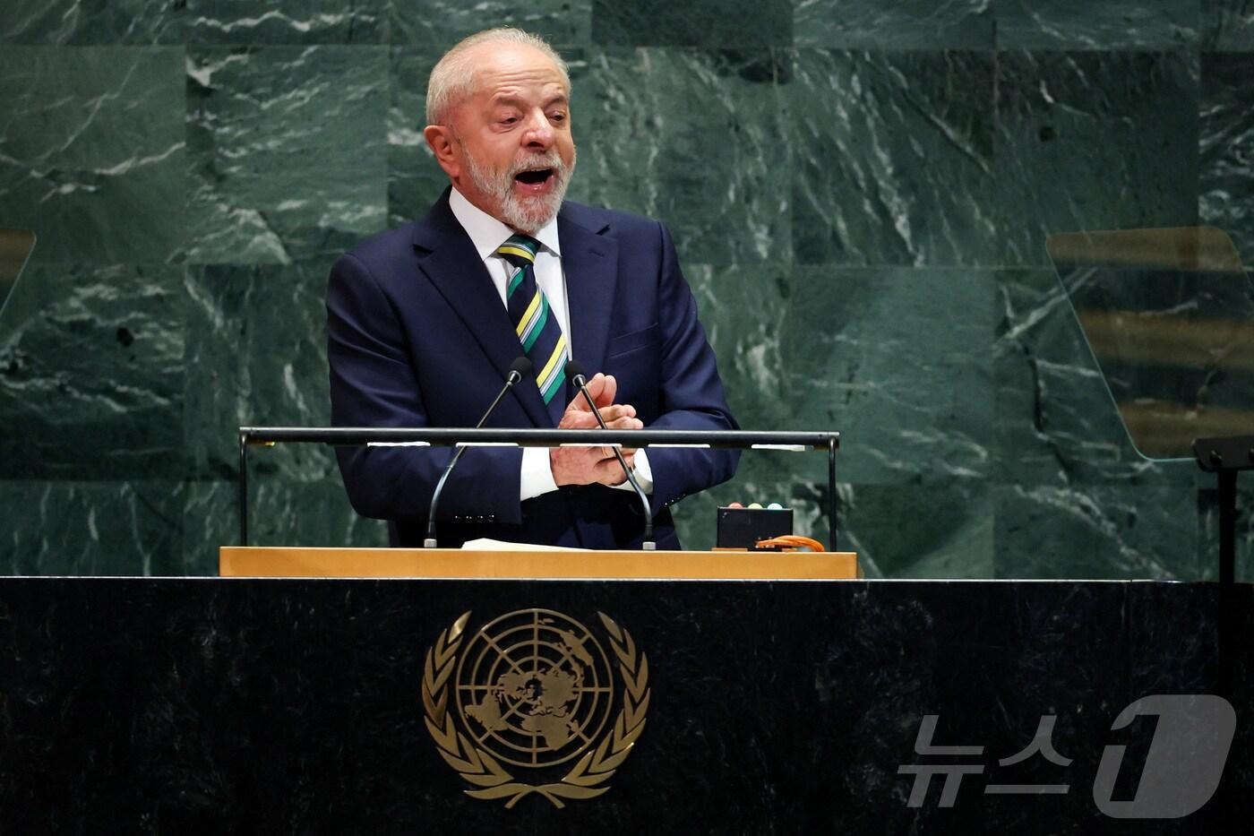 루이스 이나시우 룰라 다시우바 브라질 대통령이 23일&#40;현지시간&#41; 뉴욕 유엔본부에서 열린 제80차 유엔총회에서 연설하고 있다. 2025.9.23 ⓒ 로이터=뉴스1 ⓒ News1 강민경 기자
