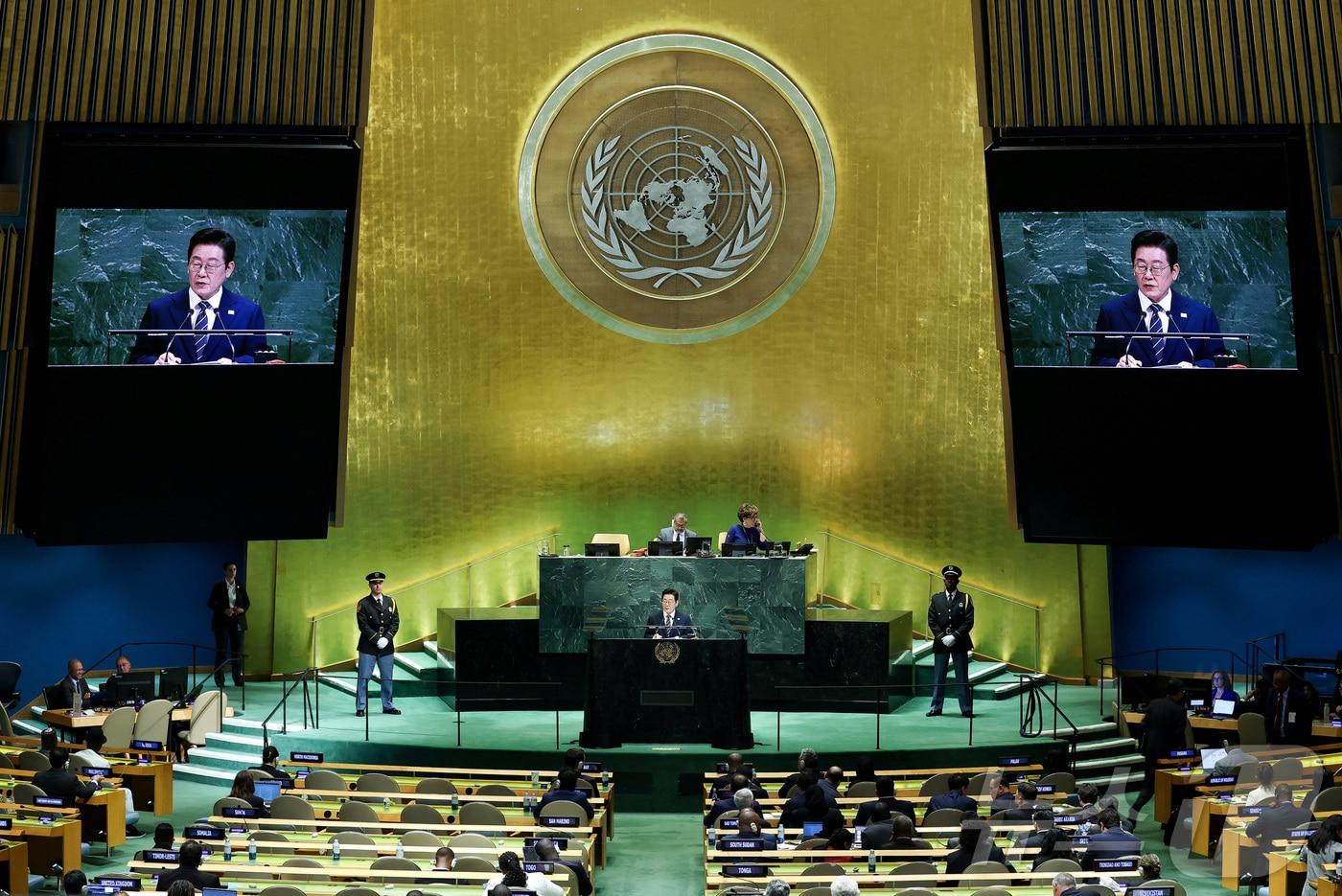 이재명 대통령이 23일(현지시간) 미국 뉴욕 유엔 본부에서 열린 제80차 유엔 총회에서 기조연설을 하고 있다. ⓒ 로이터=뉴스1 ⓒ News1 황기선 기자