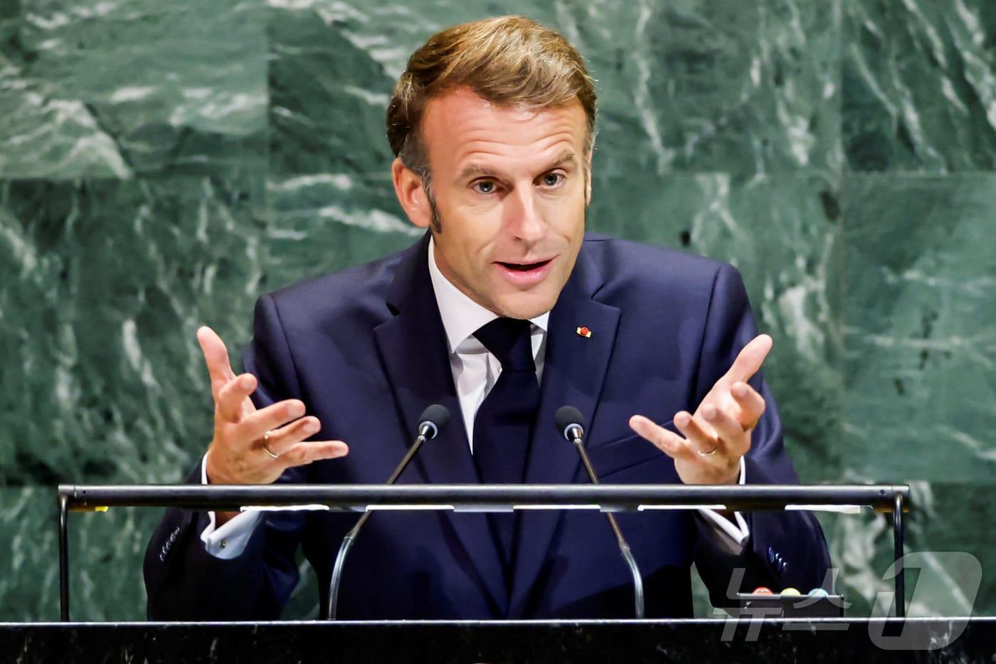 에마뉘엘 마크롱 프랑스 대통령이 23일&#40;현지시간&#41; 미국 뉴욕 유엔 본부에서 열린 제80차 유엔 총회에서 연설하고 있다. 2025.09.23. ⓒ 로이터=뉴스1 ⓒ News1 권준언 기자