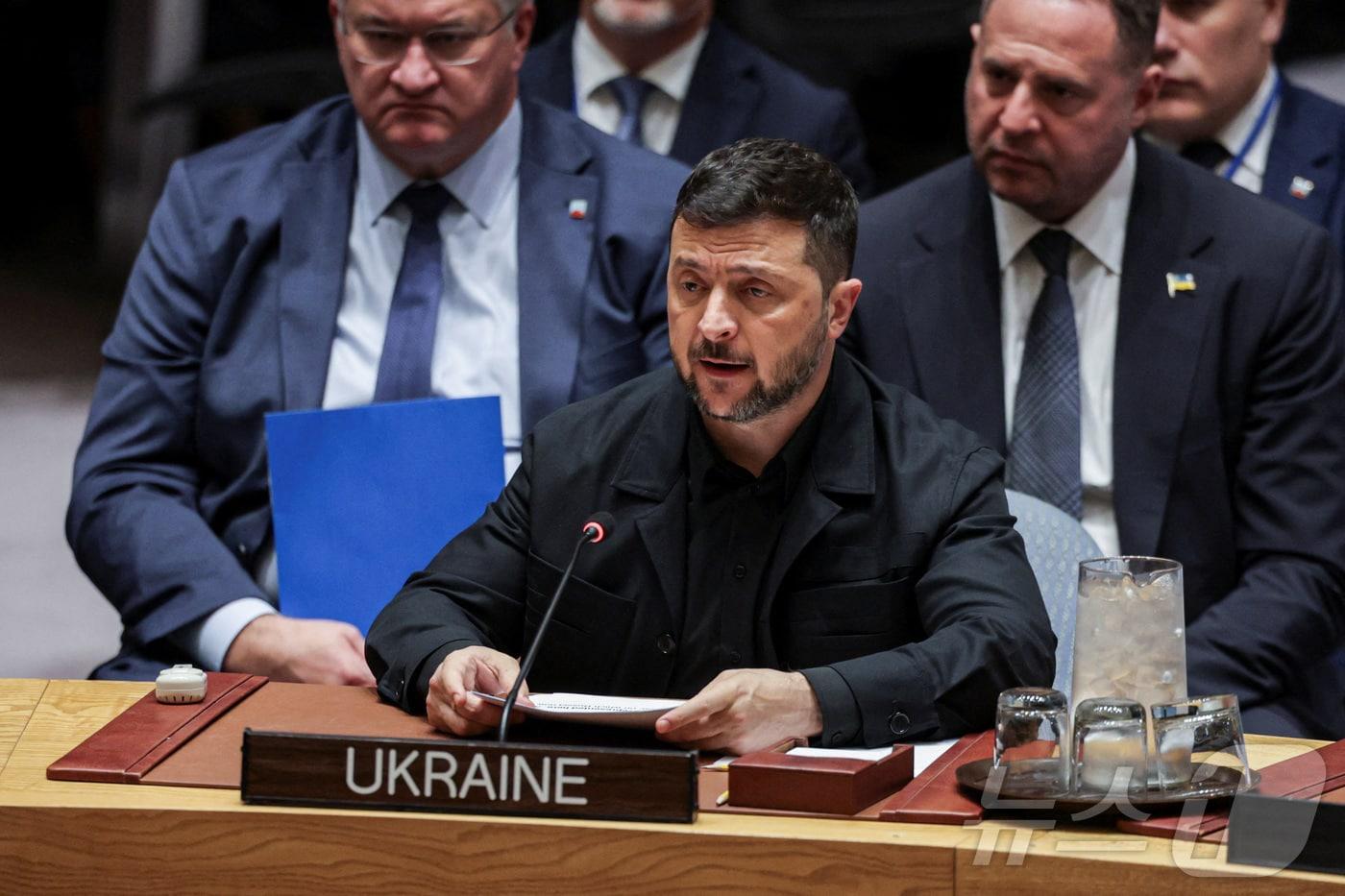 젤렌스키 우크라이나 대통령이 9월 23일&#40;현지시간&#41; 미국 뉴욕 유엔본부에서 열린 유엔 안전보장이사회 고위급 회의에서 발언하고 있다. 2025.09.23. ⓒ 로이터=뉴스1 ⓒ News1 권준언 기자