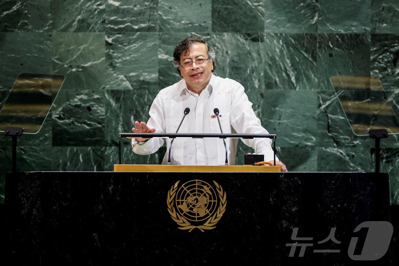 구스타보 페트로 콜롬비아 대통령이 23일&#40;현지시간&#41; 미국 뉴욕 유엔본부에서 열린 제80차 유엔 총회에서 연설하고 있다. 2025.09.23. ⓒ 로이터=뉴스1 ⓒ News1 권준언 기자