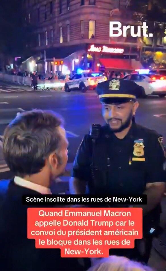 본문 이미지 - 유엔 총회에 참석한 에마뉘엘 마크롱 대통령이 도널드 트럼프 미국 대통령의 차량 행렬 탓에 30분 동안 뉴욕 거리를 걸어야 했다고 가디언이 23일(현지시간) 보도했다. <소셜미디어 엑스 @CerfiaFR>
