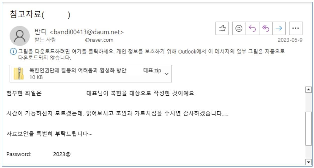 본문 이미지 - 북한 해킹 단체 &#39;김수키&#39;&#40;Kimsuky&#41;가 대북 지원 담당자에게 발송한 해킹 메일 &#40;안랩 대응팀 &#39;작전명 은밀한 추적자&#39;&#40;Operation Covert Stalker&#41; 보고서 갈무리&#41;